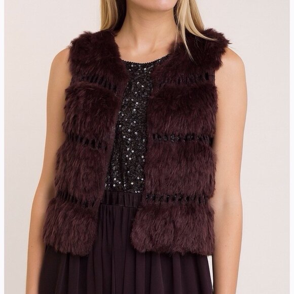 BCBGMaxazria Women Rabbit Fur Wool Vest Size S Brown Sleeveless Hippie Retro 70s - Picture 1 of 9